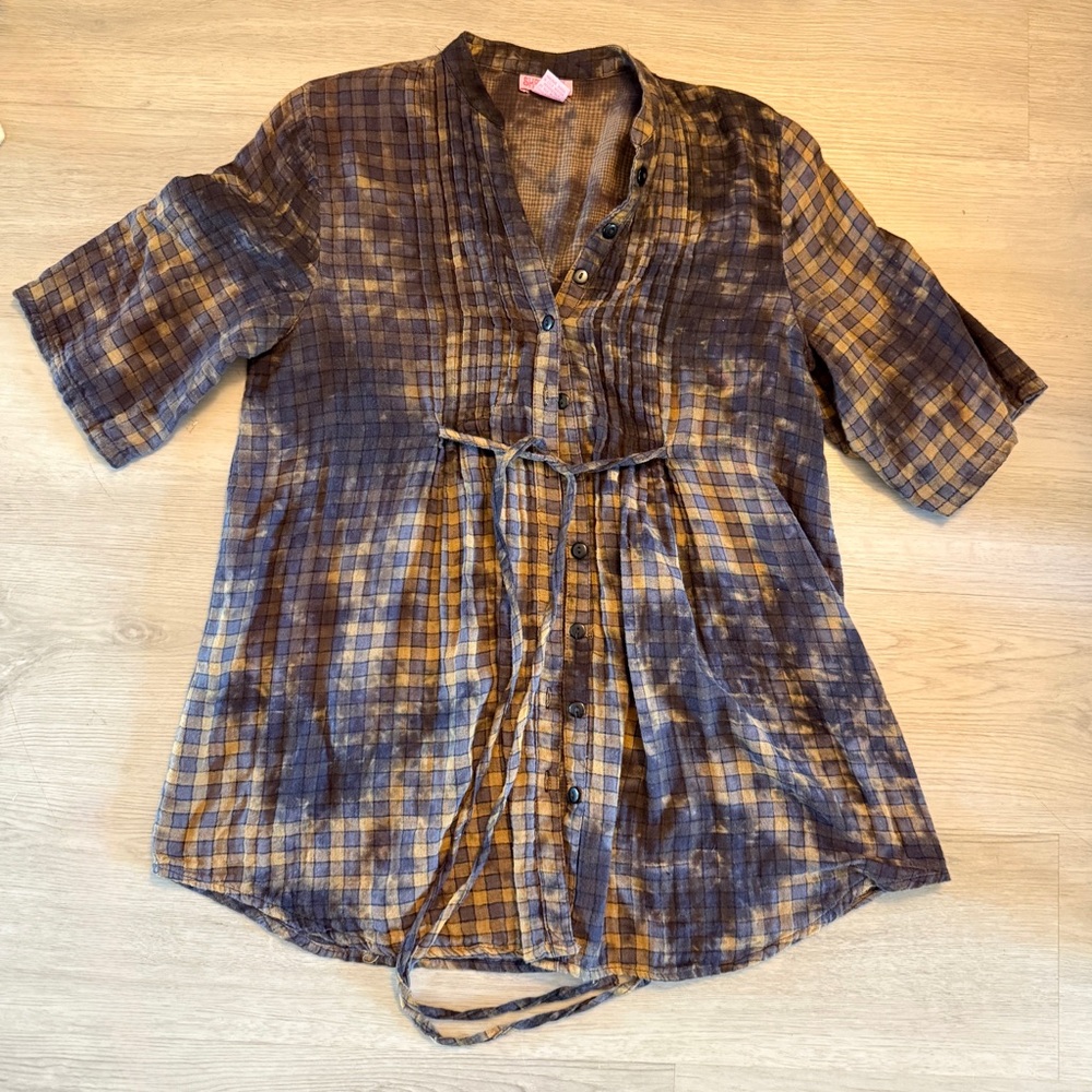 She's Cool Tie Dye 3/4 Sleeve Button Up Plaid Shirt Tunic with Waist-Tie Size L